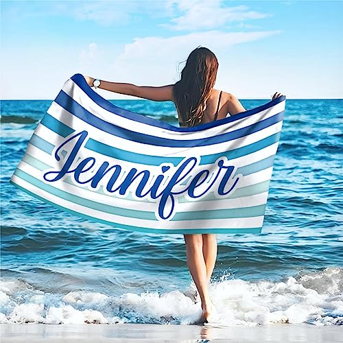 SearchI Personalisiertes Strandtuch mit Individuellem Namen 76X152cm,Schnell Trocknendes Mikrofaser Strandtuch Bequem und Weich Badehandtuch für Strand, Reise, Sauna,Camping,Schwimmen(Blaue Streifen) von SearchI