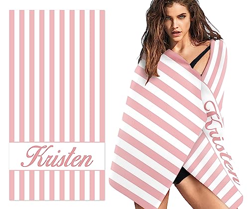 SearchI Personalisiertes Strandtuch mit Namen,Mikrofaser Badetuch Leicht und Schnelltrocknend für Reise, Strand, Sauna,Personalisiert Decke Geschenke für Kinder Erwachsene(Rosa Streifen,76x162cm) von SearchI