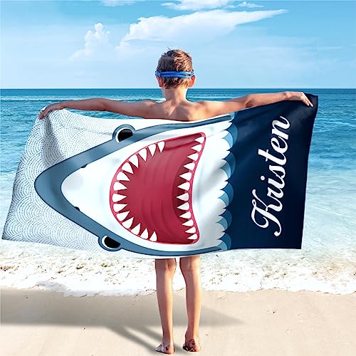 SearchI Personalisiertes Strandtuch mit Namen 76x152cm Kein Sand Schnell Trocknendes Badetuch Mikrofaser Strandtuch Personalisierte Geschenke für Fitness, Reisen, Strand, Sauna, Outdoor-Sport(Hai) von SearchI