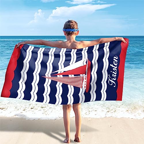 SearchI Personalisiertes Strandtuch mit Namen 76x152cm Kein Sand Schnell Trocknendes Badetuch Mikrofaser Strandtuch Personalisierte Geschenke für Fitness,Reisen,Strand,Sauna,Outdoor(Segelboot) von SearchI