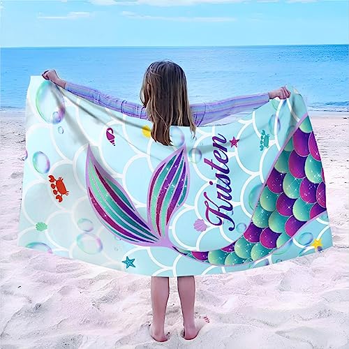 SearchI Personalisiertes Strandtuch mit Namen 76x152cm Schnell Trocknendes Badetuch Mikrofaser Strandtuch Personalisierte Geschenke für Fitness,Reisen,Strand,Sauna,Outdoor-Sport(Meerjungfrau) von SearchI