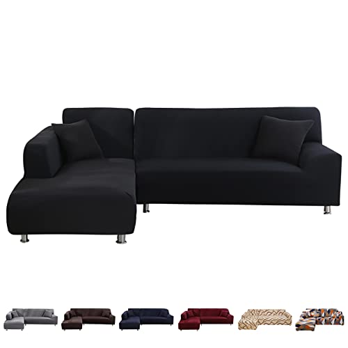 SearchI Sofaüberwurf mit Halbinsel Rutschfester Sofa Überwürfe Modern Sofabezug Elastische Stretch Sofabezüge, Sofabezug L Form Sofa Abdeckung 2er Set(Schwarz,2 Sitzer+2 Sitzer) von SearchI