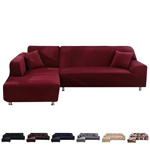 SearchI Sofaüberwurf mit Halbinsel Rutschfester Sofa Überwürfe Modern Sofabezug Elastische Stretch Sofabezüge, Sofabezug L Form Sofa Abdeckung 2er Set(Weinrot,2 Sitzer+2 Sitzer) von SearchI