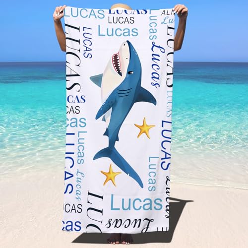 SearchI Strandtuch Personalisiert 150x75cm,Sandfrei&Schnell Trocknendes Individuellem Mikrofasertuch Badetücher mit Namen für Erwachsener Kinder,Geburtstagsgeschenk für Camping,Reisen,Pool-Hai von SearchI