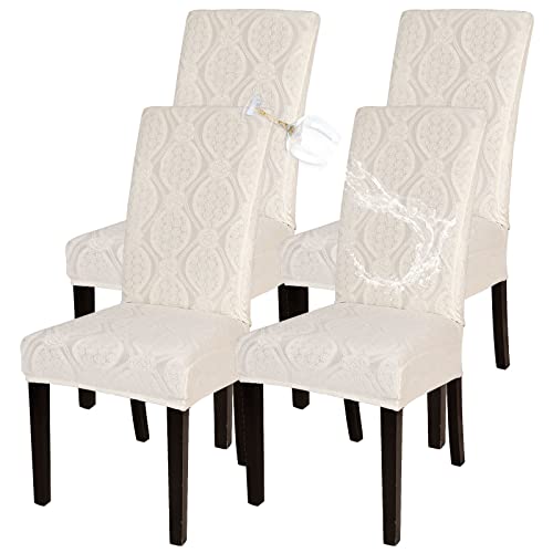 SearchI Wasserdicht Esszimmer Stuhlbezug Stretch Elastische Stuhl Slipcovers Abnehmbarer waschbarer Küchenstuhl Schutz Stuhlhussen Universal Stulabdeckung Mobel Schutz（Beige Blumenmuster，4PCS） von SearchI