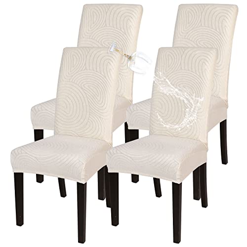 SearchI Wasserdicht Esszimmer Stuhlbezug Stretch Elastische Stuhl Slipcovers Abnehmbarer waschbarer Küchenstuhl Schutz Stuhlhussen Universal Stulabdeckung Mobel Schutz（Beige Fingerabdruck，4PCS） von SearchI