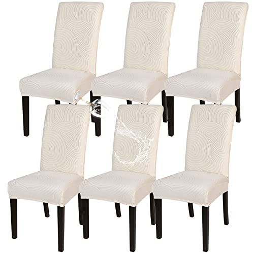 SearchI Wasserdicht Esszimmer Stuhlbezug Stretch Elastische Stuhl Slipcovers Abnehmbarer waschbarer Küchenstuhl Schutz Stuhlhussen Universal Stulabdeckung Mobel Schutz（Beige Fingerabdruck，6PCS） von SearchI