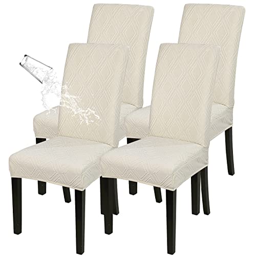 SearchI Waterproof Dining Room Chair Covers, Stretch Parsons Chair Slipcovers Removable Washable Kitchen Chair Protector Cover for Dining Room, Hotel, Banquet (Beige Jacquard, 4PCS) von SearchI