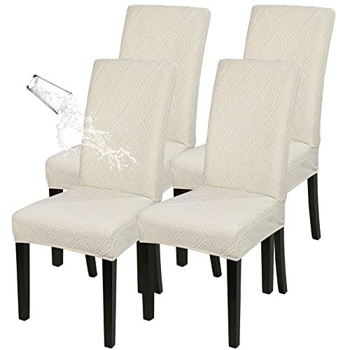 SearchI wasserdichte Esszimmer Stuhlbezüge, Dehnbare Parsonstuhl Hussen, Abnehmbare Waschbare Stuhlschoner für Esszimmer, Hotel, Bankett (Beige Jacquard, 4 Stück) von SearchI