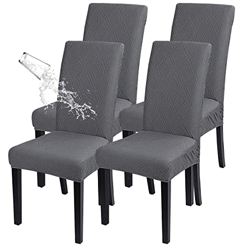 SearchI Waterproof Dining Room Chair Covers, Stretch Parsons Chair Slipcovers Removable Washable Kitchen Chair Protector Cover for Dining Room, Hotel, Banquet (Grey Jacquard, 4PCS) von SearchI