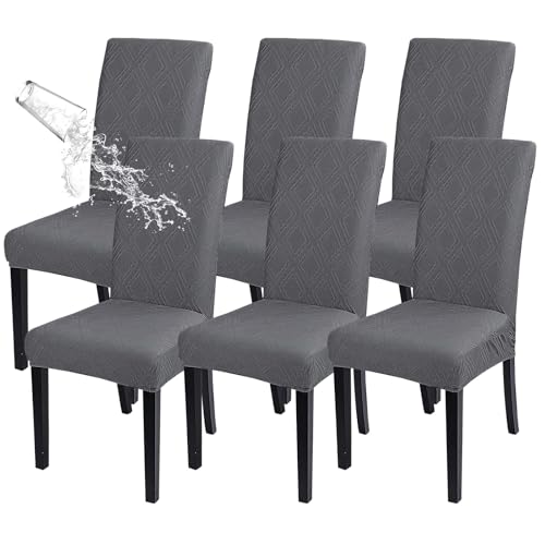 SearchI Waterproof Dining Room Chair Covers, Stretch Parsons Chair Slipcovers Removable Washable Kitchen Chair Protector Cover for Dining Room, Hotel, Banquet (Grey Jacquard, 6PCS) von SearchI