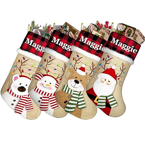 SearchI Weihnachtsstrümpfe Personalisiert 4er Pack, Individuelle Nikolausstrumpf mit Thermotransfer Namen Xmas Socken Weihnachtsbaum Kamin Hängende Ornamente Geschenkhalter Weihnachtsdekorationen von SearchI