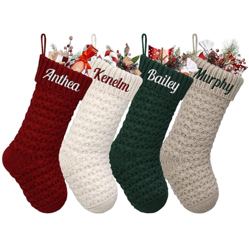 Weihnachtsstrumpf Personalisiert 46cm große gestrickte Nikolausstrumpf Christmas Stockings mit Benutzerdefinierte Namen für Feiertags, Familienparty, Dekoration (4 Stück) von SearchI