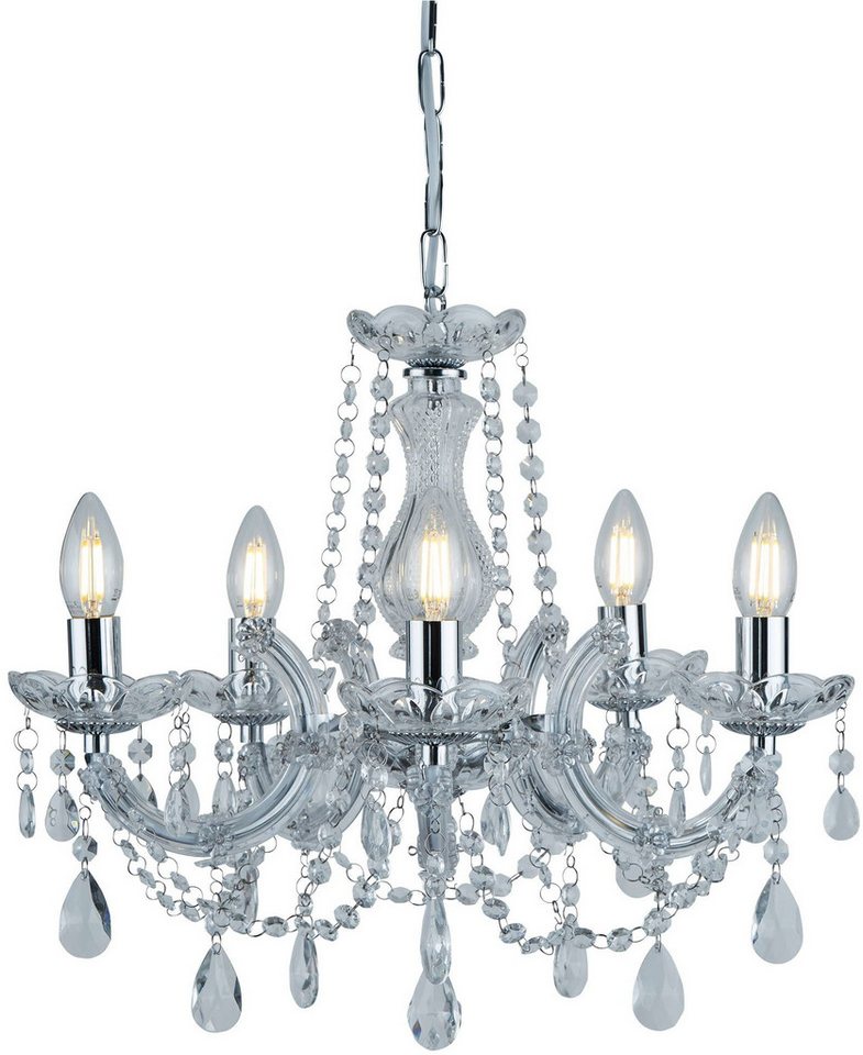 Searchlight Kronleuchter Marie Therese 5Lt Pendant - Chrome Metal & Clear Acrylic, Leuchtmittel wechselbar von Searchlight