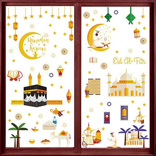 196 Stück Ramadan Fensteraufkleber, Fensterbild Set Eid Mubarak, Fenstersticker Eid al-Fitr, Ramadan Eid Mubarak Dekoration, Muslim Fensteraufkleber Partyzubehör Stern Halbmond Laterne Aufkleber von Seasboes