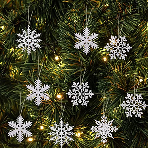 24 Stück Weihnachten Chneeflocken, Weihnachtsbaumanhänger, Schneeflockendeko mit 24 Seil, Schneeflocken Zum Aufhängen für Weihnachtsbaum Glitzer Weihnachtsbaumschmuck für Weihnachtsfeiern (Silber) von Seasboes