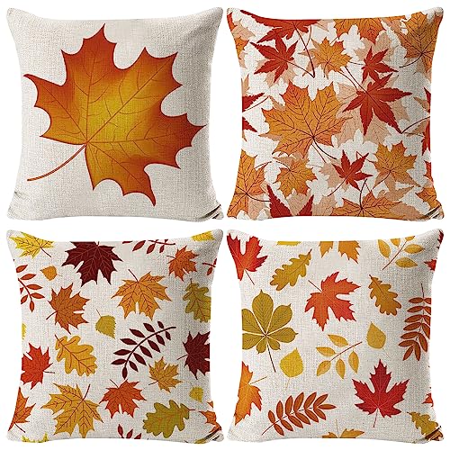 4 Stück Kissenbezug, Thanksgiving Kissenbezüge, 45x45 cm Kissenhülle Dekokissen, Herbst Kissenbezug, Ahornblatt Kissenbezug aus Leinen, Erntedankfest Kissenbezug für Sofa, Couch, Bett, Home Decor von Seasboes