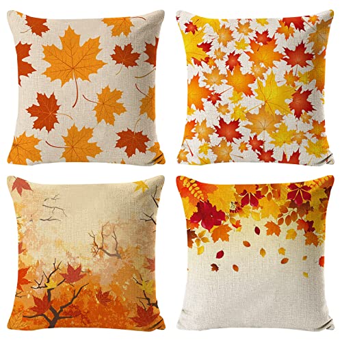 4 Stück Kissenbezug 45x45 cm - Herbst Ahornblatt Dekokissen aus Leinen für Erntedankfest - Kissenhülle für Sofa, Couch, Bett, Home Decor von Seasboes