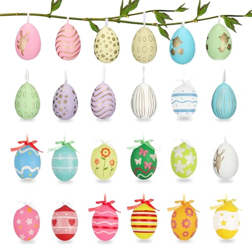 Seasboes 24 Stück Kunststoff Deko Eier, Easter Eggs, Osterstrauchdeko, Deko Ostereier mit Schönen Motiven, Ostern Geschenk für Kinder, Frühlingsdeko zum Aufhängen aus Kunststoff von Seasboes