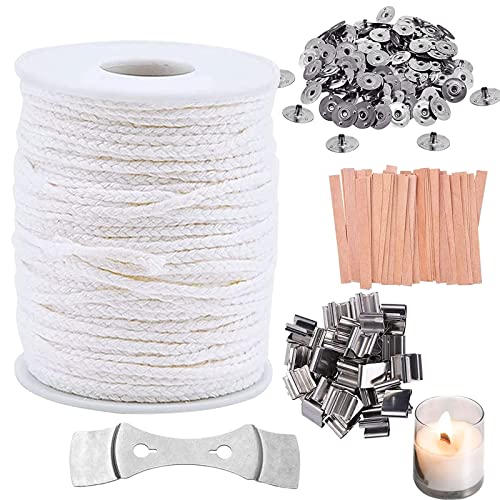 Seasboes 61m Kerzen Dochten, Geflochtene Flachdocht, Naturkerzendocht, Kerzen DIY Kit mit 1 Metallhalterung, 100 Eisenbleche + 25 Holz Kerze Docht Kit, Naturkerzendocht für DIY Kerzenherstellung von Seasboes