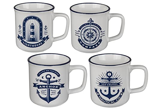 Seaside No. 64 - Tasse, Becher, Pott - maritimes Küstendesign - 4er Set - blau, weiß, Steingut glasiert, spülmaschinenfest - Geschenkartikel von Seaside No.64