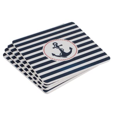 Seaside No. 64 - maritimer Getränkeuntersetzer aus Holz im 4er Set mit abgerundeten Ecken und Schaumstoffgleitern - Verschiedene Motive in 9 x 9 x 0,5 cm (blau/weiß gestreift mit Anker-Logo) von Seaside No.64