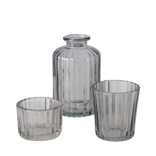 Seaside No.64-3er- Set aus Windlichtern und Vase - Riffeloptik gemütliches Ambiente in deinem Zuhause - Teelichthalter Stabkerzenhalter Gräser Blümchen (Grau) von Seaside No.64
