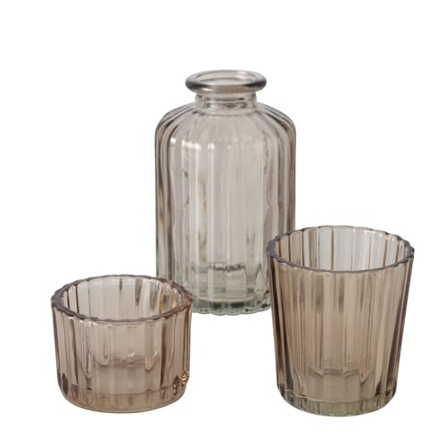 Seaside No.64-3er- Set aus Windlichtern und Vase - Riffeloptik - in DREI gemütliches Ambiente in deinem Zuhause - Teelichthalter Stabkerzenhalter Gräser Blümchen (Braun) von Seaside No.64