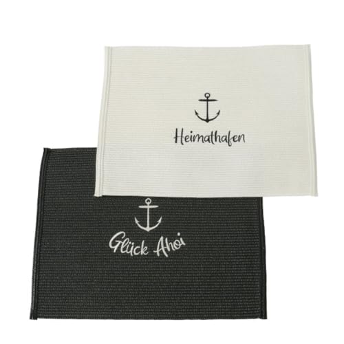 Seaside No.64 - Besticktes Tischset aus Polyester - mit maritimen Motiven/Schriftzügen - passendes Zubehör für deinen Esstisch - Dekoration für die Küche (2er-Set 1x Heimathafen & 1x Glück AHOI) von Seaside No.64