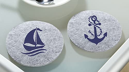Seaside No.64 - Getränkeuntersetzer - Glasuntersetzer - Aufdruck - Tischdekoration aus Filz - Anker - Schiff - Durchmesser 10cm - hellgrau -rund (3 Anker 3 Schiff) von Seaside No.64