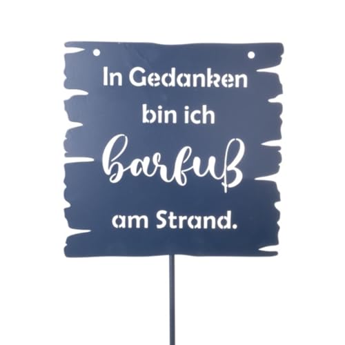 Seaside No.64 - langer, maritimer Gartenstecker - viereckiges Metallschild mit Schriftzug - Geschenkidee zum Einzug oder für Gartenfreunde - Outdoordekoration (In Gedanken barfuß am Strand - blau) von Seaside No.64