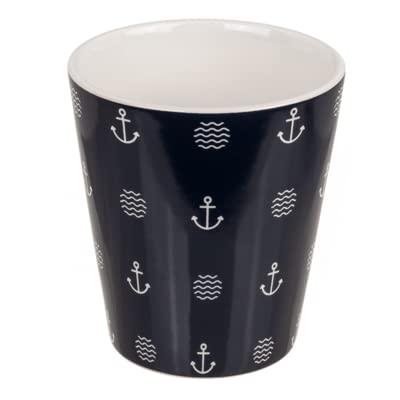 Seaside No.64 - Maritime(r) Tasse / Becher aus Steingut - mit Ankern und Wellen oder gestreift mit Logo - Leuchtturm oder Anker, blau, weiß rot (Becher blau, weiße Symbole) von Seaside No.64