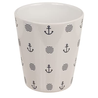 Seaside No.64 - Maritime(r) Tasse / Becher aus Steingut - mit Ankern und Wellen oder gestreift mit Logo - Leuchtturm oder Anker, blau, weiß rot (Becher weiß, blaue Symbole) von Seaside No.64