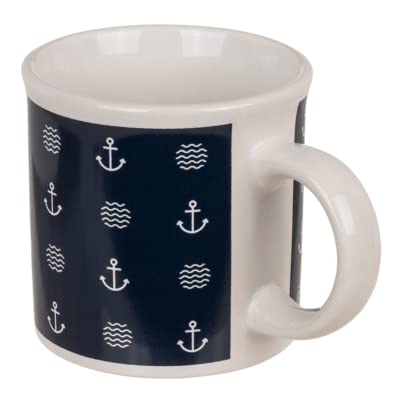 Seaside No.64 - Maritime(r) Tasse / Becher aus Steingut - mit Ankern und Wellen oder gestreift mit Logo - Leuchtturm oder Anker, blau, weiß rot (Tasse blau, weiße Symbole) von Seaside No.64