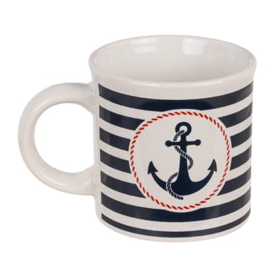 Seaside No.64 - Maritime(r) Tasse / Becher aus Steingut - mit Ankern und Wellen oder gestreift mit Logo - Leuchtturm oder Anker, blau, weiß rot (Tasse gestreift, Anker) von Seaside No.64