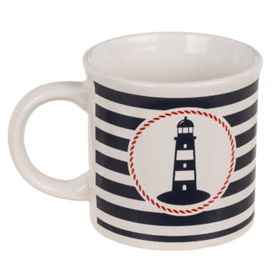 Seaside No.64 - Maritime(r) Tasse / Becher aus Steingut - mit Ankern und Wellen oder gestreift mit Logo - Leuchtturm oder Anker, blau, weiß rot (Tasse gestreift, Leuchtturm) von Seaside No.64