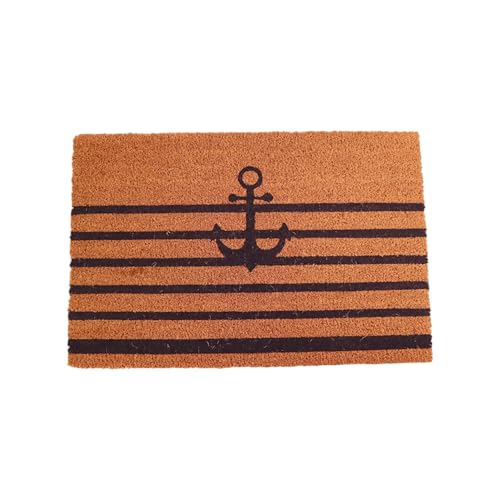 Seaside No.64 - Maritime Fußmatte aus Kokosfasern, rutschfestem PVC - dekorativer Schmutzfänger im nautischen Design - Drecksammler für Flur, Terrasse, Wintergarten (Anker/Streifen schwarz, 58x38 cm) von Seaside No.64