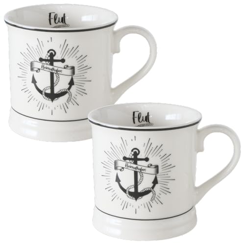 Seaside No.64 - Maritime Jumbobecher aus Keramik - Kaffeetasse mit Henkel - XXL-Teepott mit Innendruck Ebbe und Flut - Trinktasse mit Anker oder Seemann - 400ml - schwarz/weiß (Set 2 x Anker) von Seaside No.64