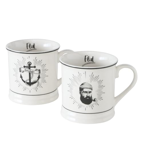 Seaside No.64 - Maritime Jumbobecher aus Keramik - Kaffeetasse mit Henkel - XXL-Teepott mit Innendruck Ebbe und Flut - Trinktasse mit Anker oder Seemann - 400ml - schwarz/weiß (Set Anker + Seemann) von Seaside No.64
