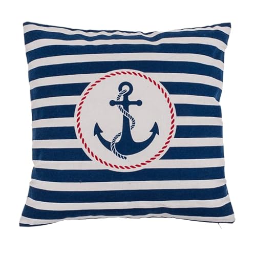 Seaside No.64 - Maritimes Kissen mit Anker für Couch, Bett, Boot, Terrasse - blau und weiß/Creme gestreift - in der Größe 40cm x 40cm - mit Reißverschluss - waschbar bei 30° von Seaside No.64