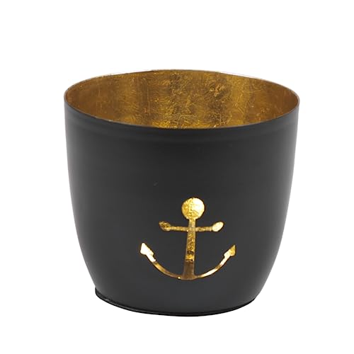 Seaside No.64 - Maritime Windlichter Baltic aus Metall mit ausgestanzten Motiven - Verschiedene Farbkombinationen für Teelichter & Stumpenkerzen in Haus und Garten (Anker - schwarz, Gold) von Seaside No.64