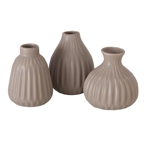 Seaside No.64 - Mini Steingut Blumenvase in Riffeloptik - 3er Set mit unterschiedlichen Formen - Deko im Scandi Style für Gräser und Blümchen - Tischdekoration Hochzeit modern (Taupe) von Seaside No.64