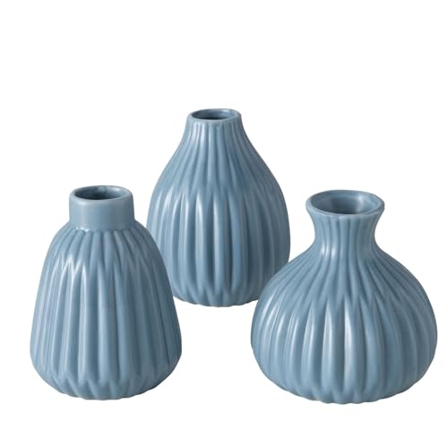 Seaside No.64 - Mini Steingut Blumenvase in Riffeloptik - 3er Set mit unterschiedlichen Formen - Deko im Scandi Style für Gräser und Blümchen - Tischdekoration Hochzeit modern (blau) von Seaside No.64