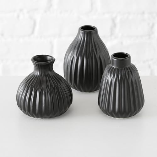 Seaside No.64 - Mini Steingut Blumenvase in Riffeloptik - 3er Set mit unterschiedlichen Formen - Deko im Scandi Style für Gräser und Blümchen - Tischdekoration Hochzeit modern (schwarz) von Seaside No.64