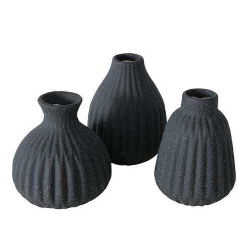Seaside No.64 - Mini Steingut Blumenvase in Riffeloptik - 3er Set mit unterschiedlichen Formen - Deko im Scandi Style für Gräser und Blümchen - Tischdekoration Hochzeit modern (schwarz rau) von Seaside No.64