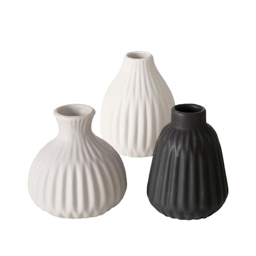 Seaside No.64 - Steingut Blumenvasen in Riffeloptik - 3er Set mit unterschiedlichen Formen - Dekoartikel in schlichten, matten Farbtönen für Gräser und Blümchen - Tischdekoration Moderne Hochzeit von Seaside No.64