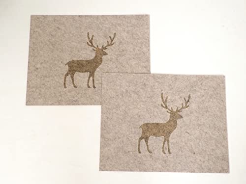Seaside No.64 - Platzset - Tischset - Tischdekoration aus Filz - Getränke Untersetzer -mit Aufdruck Geweih - Hirsch (beige rechteckig Tischset, 2 x Hirsch) von Seaside No.64