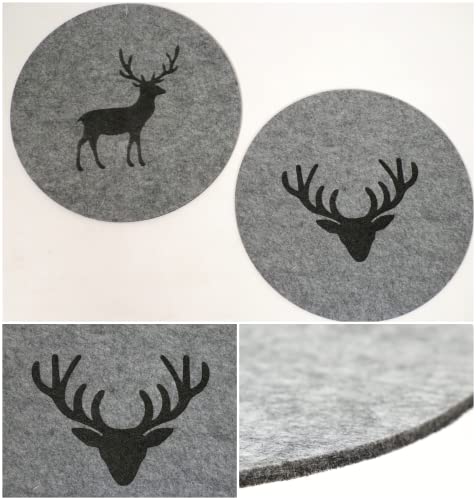 Seaside No.64 - Platzset - Tischset - Tischdekoration aus Filz - Getränke Untersetzer -mit Aufdruck Geweih - Hirsch (grau rund Tischset, 1 x Hirsch 1 x Geweih) von Seaside No.64