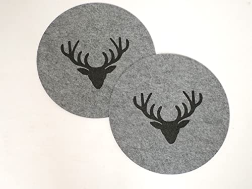 Seaside No.64 - Platzset - Tischset - Tischdekoration aus Filz - Getränke Untersetzer -mit Aufdruck Geweih - Hirsch (grau rund Tischset, 2 x Geweih) von Seaside No.64