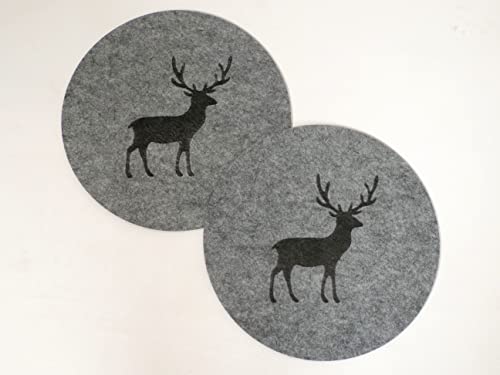 Seaside No.64 - Platzset - Tischset - Tischdekoration aus Filz - Getränke Untersetzer -mit Aufdruck Geweih - Hirsch (grau rund Tischset, 2 x Hirsch) von Seaside No.64